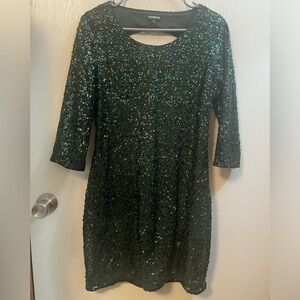 Express Dark Green Sequin Long Sleeve Festive Sparkly Dress Side Zipper Size 10